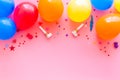 Flat lay with ballons - party concept - on pink background top-down copy space Royalty Free Stock Photo