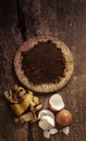 Flat lay of banana peels, coffee grinds and egg shells for composting Royalty Free Stock Photo