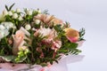 Flat lay of a beautiful florish bouquet composition on the white background