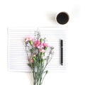 Flat lay: Bible and pink, red, rose flower bouquet. On white background Royalty Free Stock Photo