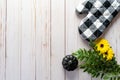 Flat lay with a black and white oven mitt, sunflowers, leaves and a black pumpkin on a light wood panel background, usefull for