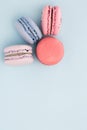 Flat lay, blue, pink, lilac, sweet, macaroons. Pastel fresh macaroons on the blue flat lay background. Top view. Flat lay. Spring