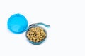 Flat lay bowl with dry food for dog or cat on white. Royalty Free Stock Photo