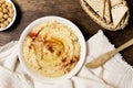 flat lay bowl hummus with chickpeas. High quality photo