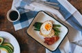 Flat lay breakfast with coffee, avocado, asparagus, egg and bacon Royalty Free Stock Photo