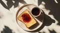 Flat lay of breakfast essentials: toast, jam, and coffee on a light Royalty Free Stock Photo
