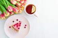 Flat Lay For Breakfast, Morning With Flowers Tulips, Cake, Tea In Pink Mug