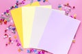 Flat lay of bright colorful sheets of paper notepads Royalty Free Stock Photo