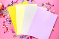 Flat lay of bright colorful sheets of paper notepads Royalty Free Stock Photo