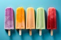 Flat lay of bright ice cream popsicles, top view on blue