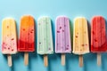 Flat lay of bright ice cream popsicles, top view on blue