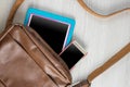 Flat lay of businessman tablet with watch and smartphone on table, top view