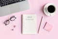 Flat lay businesswoman desk in office. Business and technology, to-do list on 2024. Top view and copy space for text