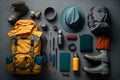 Flat lay of camping equipment and trekking clothes. Packing backpack for a trip concept with traveler items isolated on a grey