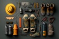 Flat lay of camping equipment and trekking clothes. Packing backpack for a trip concept with traveler items isolated on a grey