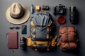 Flat lay of camping equipment and trekking clothes. Packing backpack for a trip concept with traveler items isolated on a grey