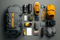 Flat lay of camping equipment and trekking clothes. Packing backpack for a trip concept with traveler items isolated on a grey