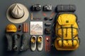 Flat lay of camping equipment and trekking clothes. Packing backpack for a trip concept with traveler items isolated on a grey