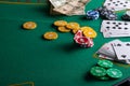 Flat lay Casino, night life, online gambling business games. Chips, cards and dollars on a green table with space