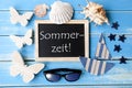 Blackboard With Maritime Decoration, Sommerzeit Means Summertime