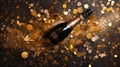 Flat lay of champagne bottle and gold confetti, New Year Engagement Wedding Celebration Royalty Free Stock Photo
