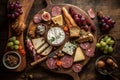 Flat lay charcuterie board wit salami, cheese and fruit.