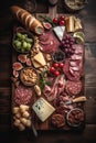 Flat lay charcuterie board wit salami, cheese and fruit.