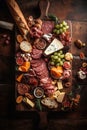 Flat lay charcuterie board wit salami, cheese and fruit.