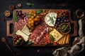 Flat lay charcuterie board wit salami, cheese and fruit.