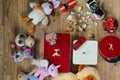 Flat lay of child toys on wooden background. Top view.