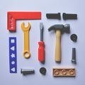 Flat lay of children plastic toy tools Royalty Free Stock Photo