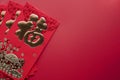 Flat lay Chinese new year celebration or lunar new year, Chinese red envelope greeting card