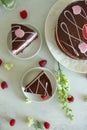 Flat lay chocolate and raspberry piece of cake on a white plate with white flowers and fresh berries Royalty Free Stock Photo