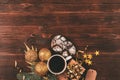 Flat lay Christmas arrangement with coffee cup Royalty Free Stock Photo
