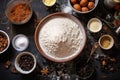 a flat lay of christmas cake ingredients with measuring cups