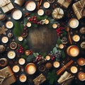 Flat Lay Christmas Composition with Candle Lights Royalty Free Stock Photo