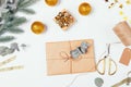 Flat lay Christmas composition with craft gift box Royalty Free Stock Photo