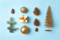 Flat lay Christmas composition with gift box and decor on color background Royalty Free Stock Photo