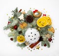 Flat lay Christmas decor, lantern on white isolated background with fir branch, holiday decor and garland and snow Royalty Free Stock Photo