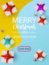 Flat Lay Christmas and Happy New Year or Party Background with Gift boxs, confetti, Present box border on yellow light blue pastel Royalty Free Stock Photo