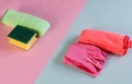 Flat lay with cleaning supplies isolated closeup. Sanitation and housecleaning concept Royalty Free Stock Photo