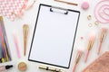 Flat lay clipboard mockup.Composition with cosmetics, makeup tools, on white background pink colors. beauty, fashion Royalty Free Stock Photo