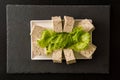 Flat lay. Close up. Japanese food. A portion pieces of tofu, a protein-rich soy cheese, on a white rectangular plate.