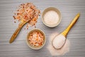 Flat lay of coarse and fine himalayan pink salt