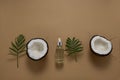 flat lay coconut half, palm leaves and coconut oil bottle on a beige background