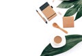 Flat lay coffee with eco craft items and green leaf. Minimal hipster concept Royalty Free Stock Photo