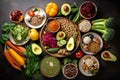 Flat lay a collection of daily plant-based foods - a variety of colorful fruits, vegetables and cereals for a wholesome diet