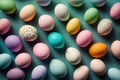 Flat lay of colorful chicken eggs texture background easter concept. Neural network AI generated art Royalty Free Stock Photo