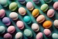 Flat lay of colorful chicken eggs texture background easter concept. Neural network AI generated art Royalty Free Stock Photo