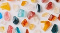 A flat lay of colorful crystal shards arranged in a minimalist geometric pattern. background Royalty Free Stock Photo